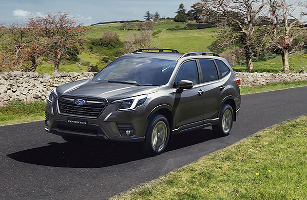 A silver Subaru Forester on a country road