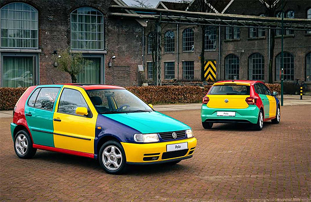 Two multi-coloured VW Polo Harlequin cars