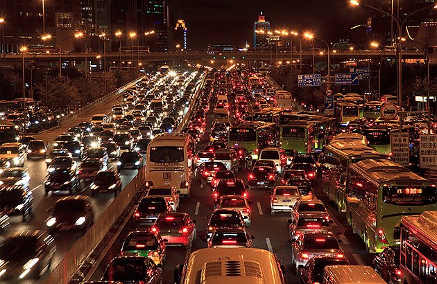 Traffic congestion on a Beijing freeway at night