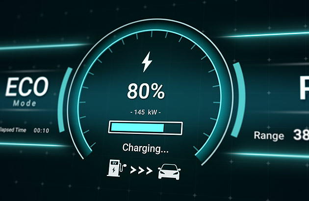 Dashboard of an electric car showing current charge as 80%