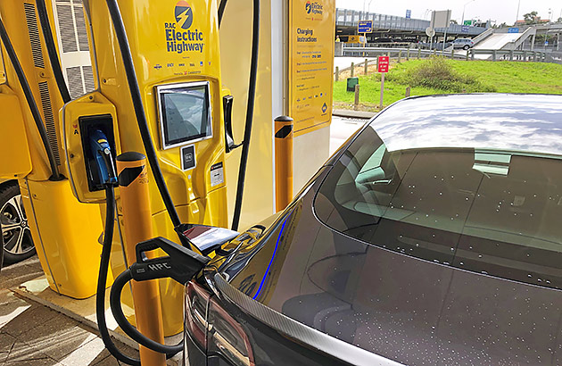 An EV charging at a station on the RAC Electric Highway