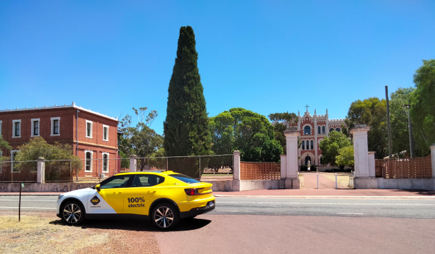 Polestar 2 electric car parked outside building in New Norcia