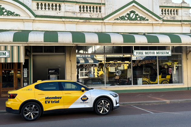 Polestar 2 electric car parked in front of Motor Vehicle Museum in York Western Australia