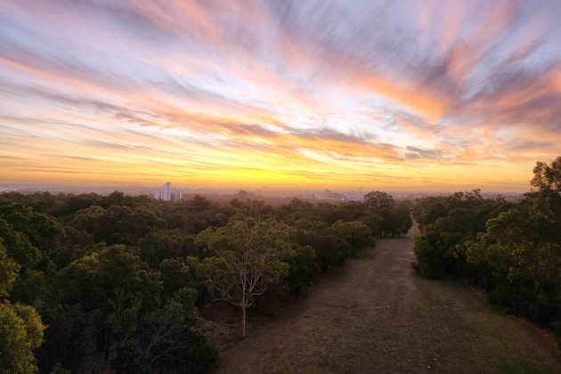 Sunset view of Perth city from Kings Park DNA Tower in Western Australia