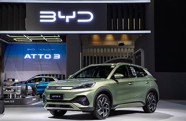 A green BYD Atto 3 on display