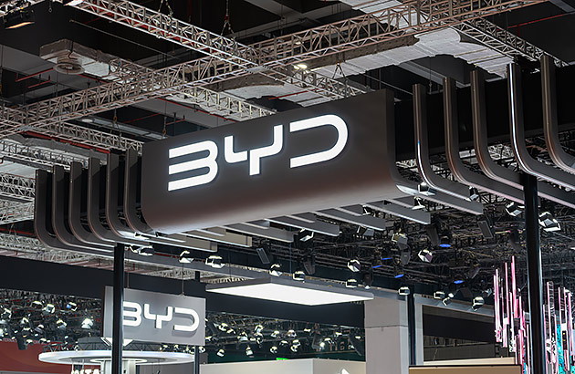 A BYD motors sign in a showroom