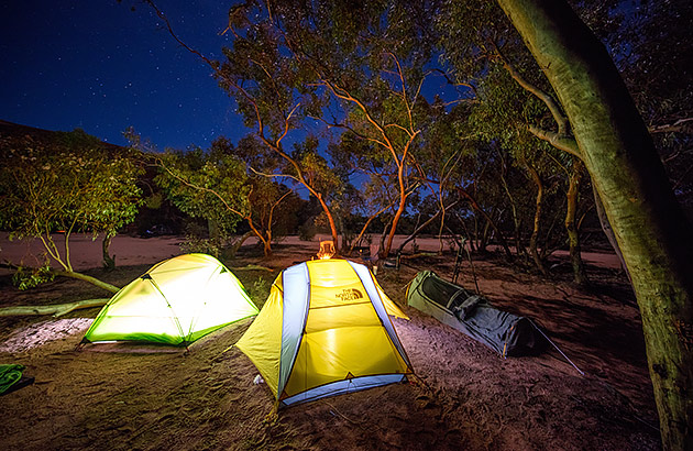 Night time camp scene and three tents with lights glowing inside