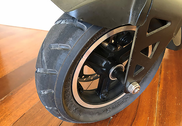 A close up of a tyre on an e-scooter