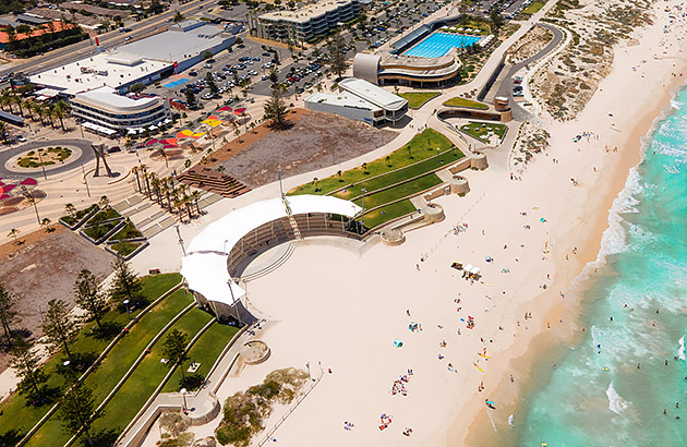 An aerial view of the grass terraces at Scarborough Beach