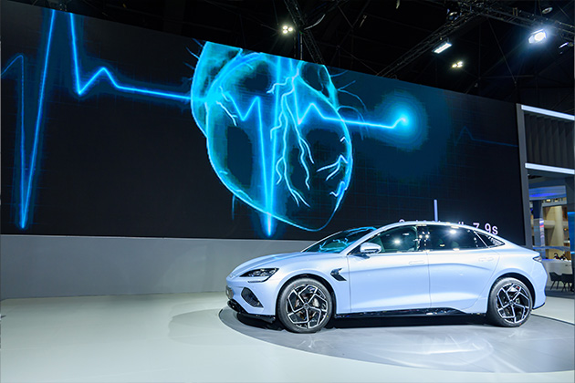 An electric car on display at an auto show