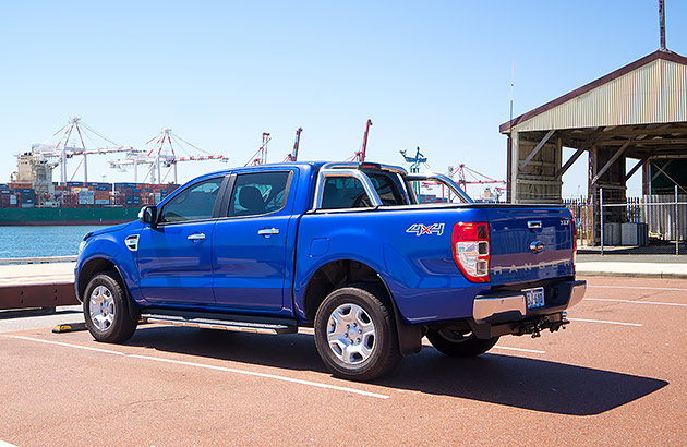 A blue Ford Ranger parked at Fremantle Harbour