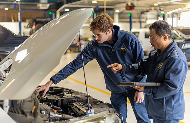 Two mechanics looking under the bonnet of a car