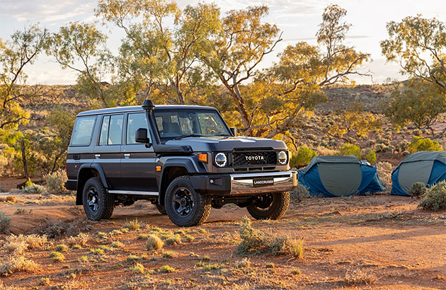 A Landcruiser 70 series in scrub on a hillside