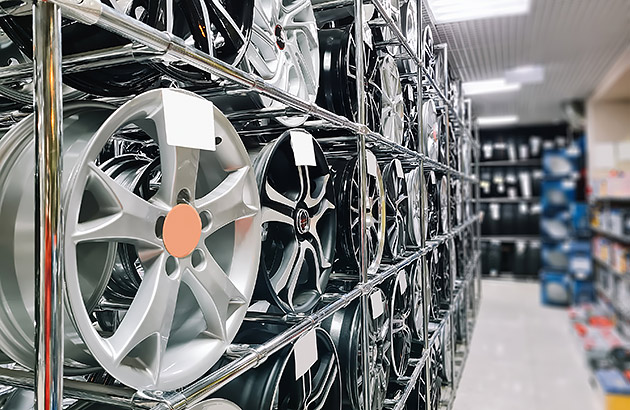 A row of car tyre rims in on display