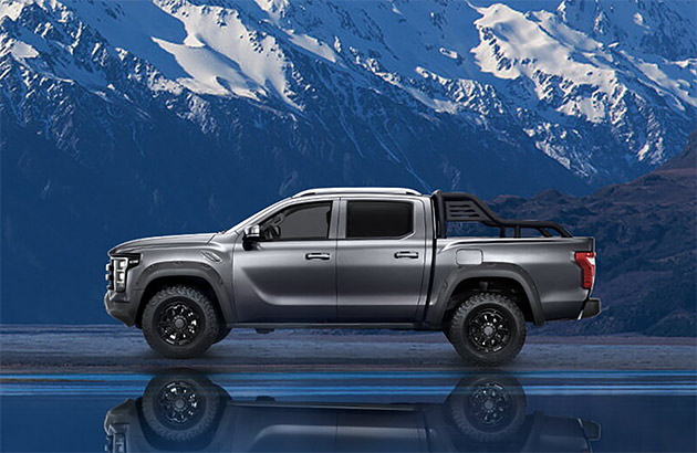 A grey Foton Tunlan parked on dirt with mountains in the background