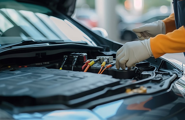 A close up of an EV battery being tested by a technician