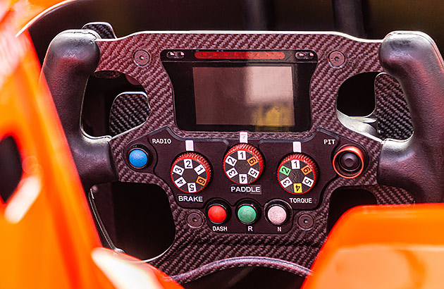 A close up of the steering wheel of a Formula 1 car 