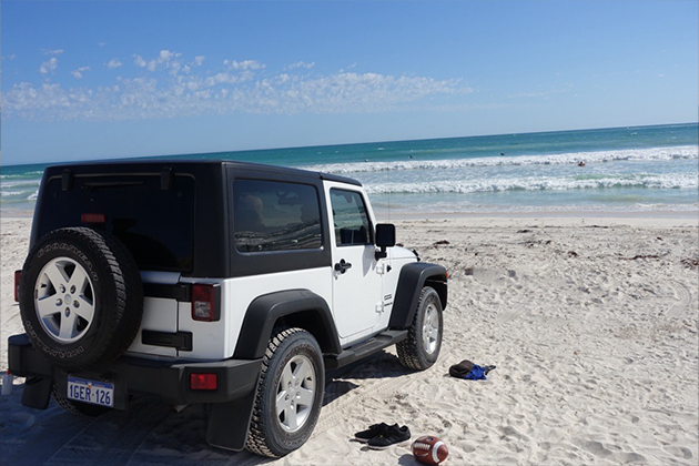 Jeep Wrangler on the beach in Lancelin