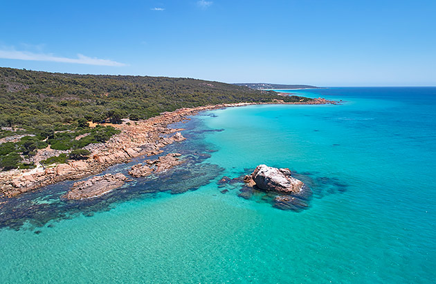 An aerial view of the coast at Meelup Beac