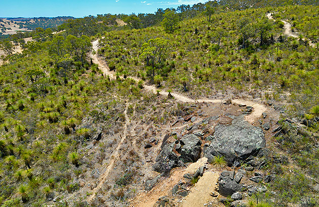 An aerial shot of mountain bike trails at the Bindoon MTB park