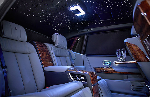 The interior of a Rolls Royce Ghost showing the star-lit roof