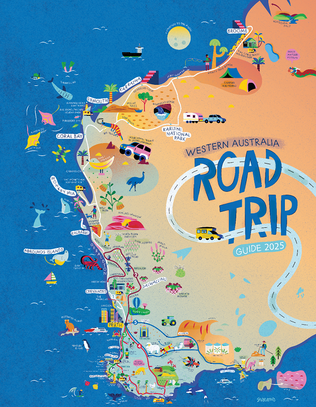 Tourist map of Western Australia with towns and attractions, WA map