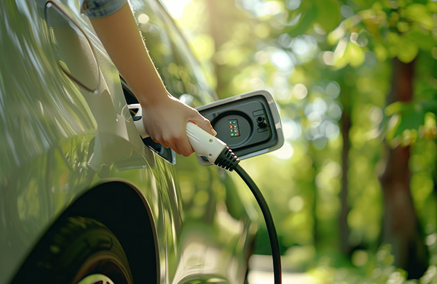 An electric car being charged on a street