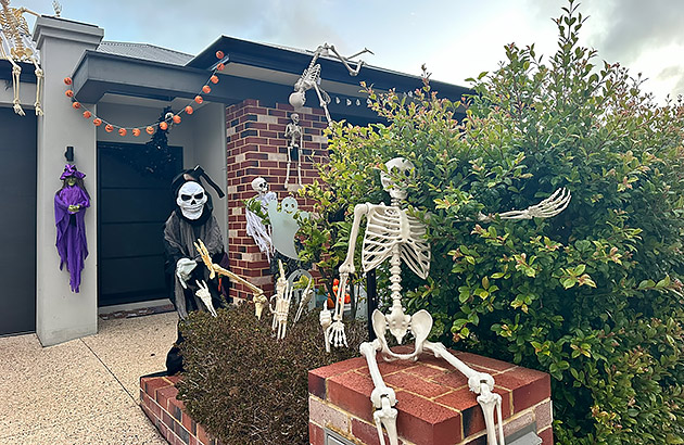 A skeleton sitting on a letterbox