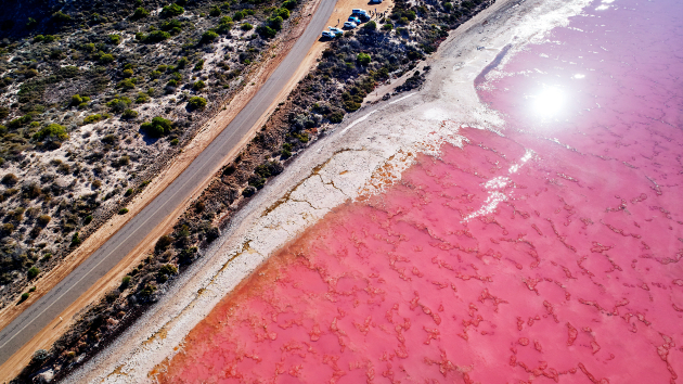 Aerial view of Hutt Lagoon, a pink lagoon north of Perth in Western Australia