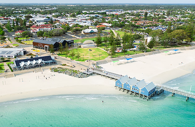 An aerial photo of Busselton town including the jetty