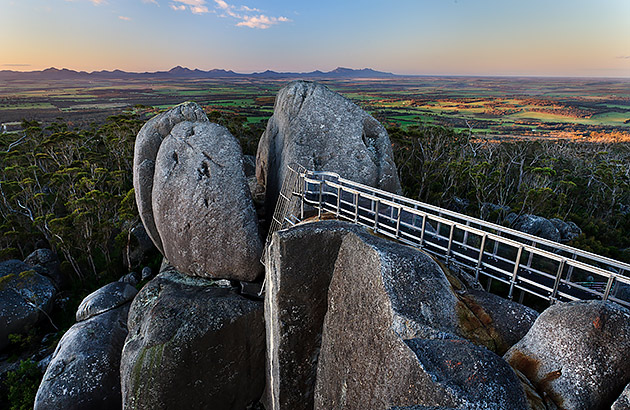 An aerial view of the Granite Skywalk at sunset