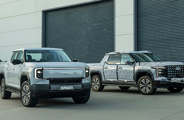 Two LDV eTerron EVs parked in front of a garage