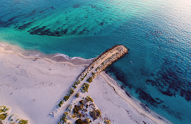 An aerial photo of South Beach in Fremantle at sunset