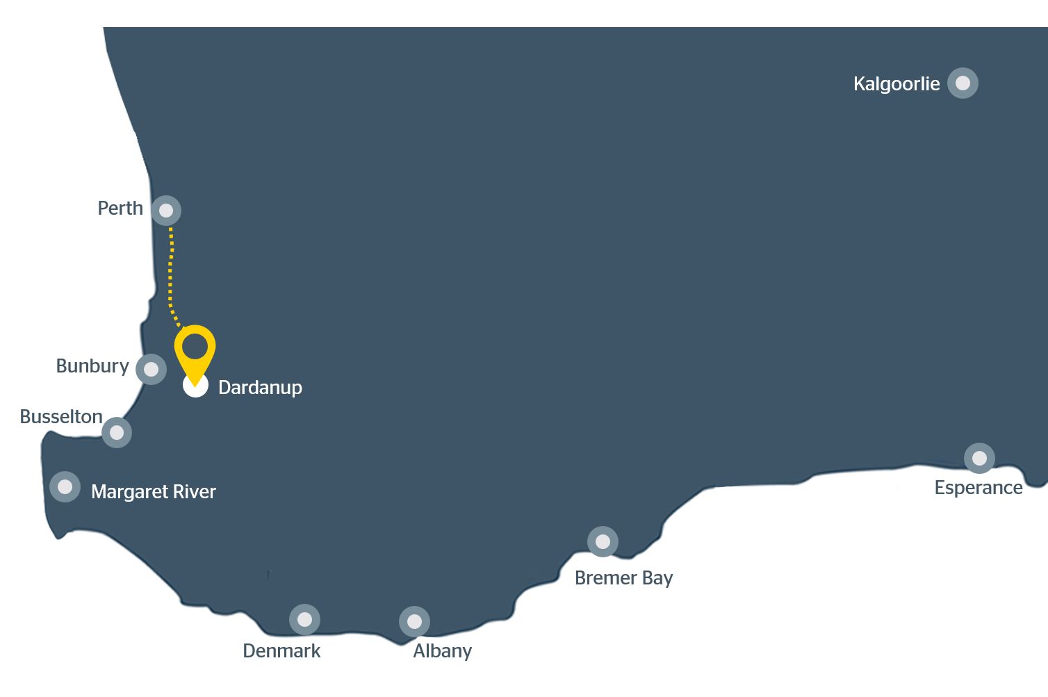 A map showing the town of Dardanup in relation to Perth