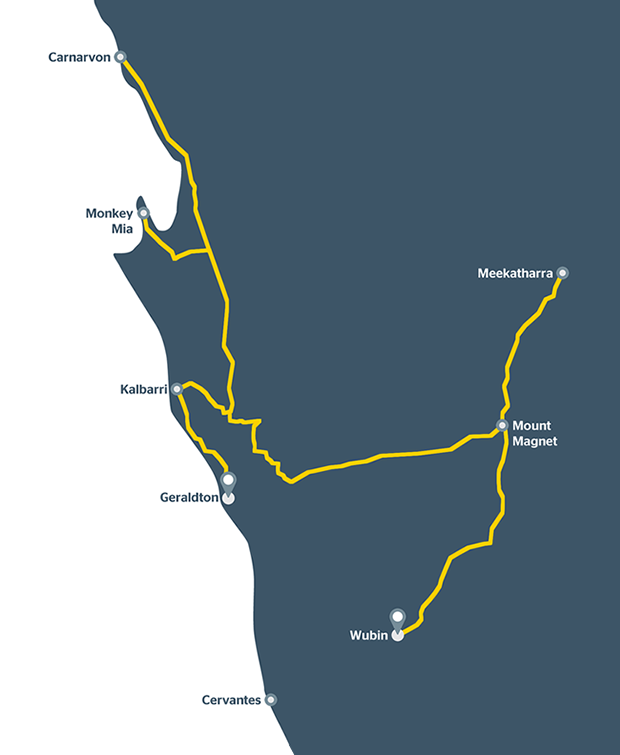 A road trip map from Geraldton to Wubin