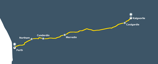 A road trip map of Perth to Kalgoorlie