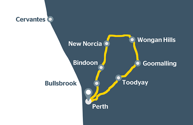 Road trip map from Perth to New Norcia