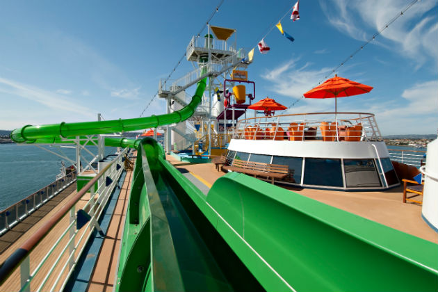 Green water slides on a cruise ship