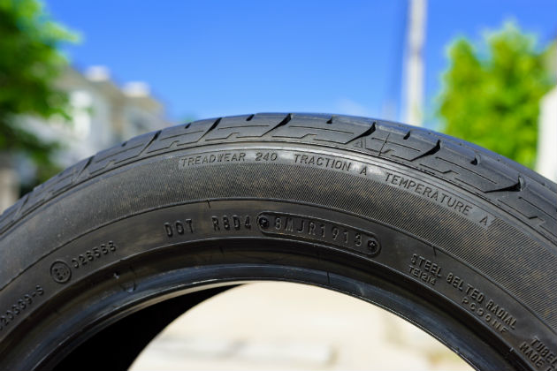 Tyre size specifications on the wall of the tyre