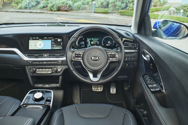 Interior of Kia Niro with dashboard and steering wheel