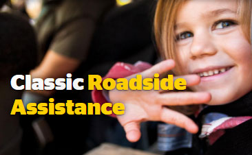 Headline on photo. "Classic" in white, "Roadside Assistance" in yellow.