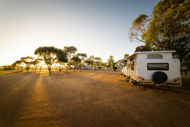 A caravan parked at a campsite in Hyden, WA