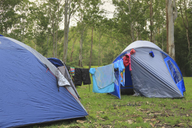 A makeshift washing line at a campsite