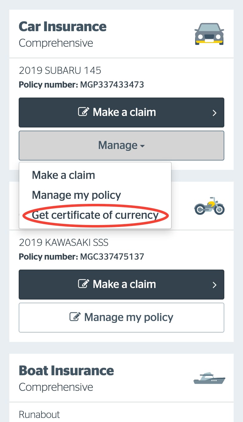 Selecting get certificate of currency from dropdown on Mobile