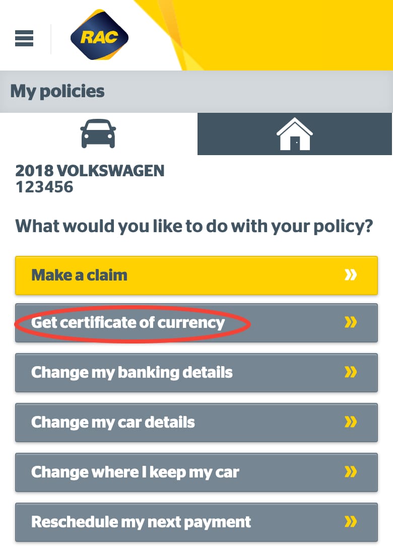 Selecting get certificate of currency from your policy on Mobile