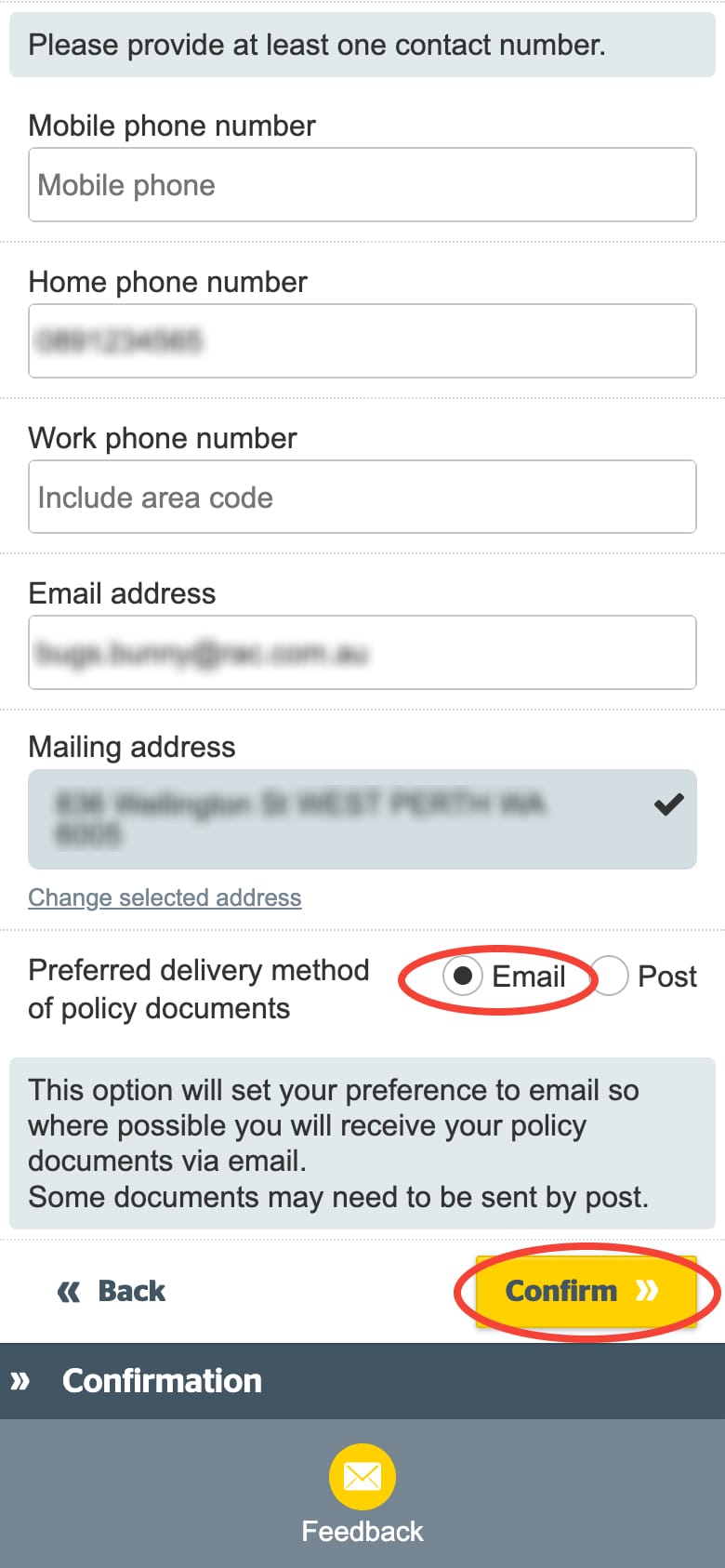 Selecting Email and Confirm on Mobile