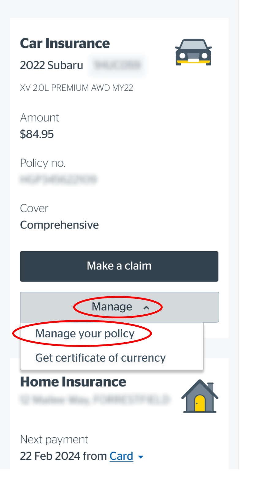 Selecting Manage my policy from dropdown on mobile