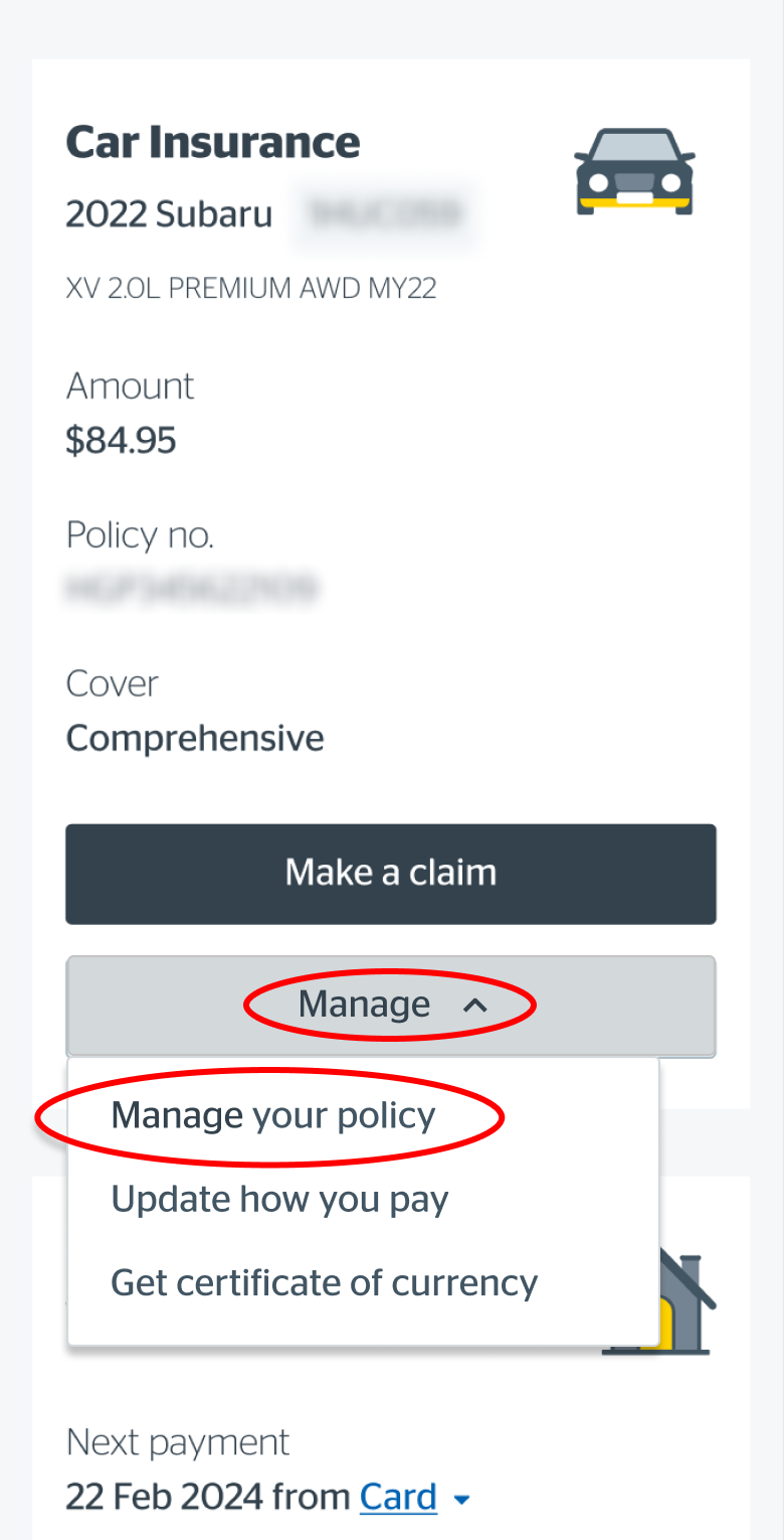 Selecting Manage my policy from dropdown on mobile