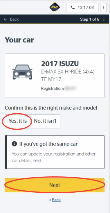 Selecting your car on mobile
