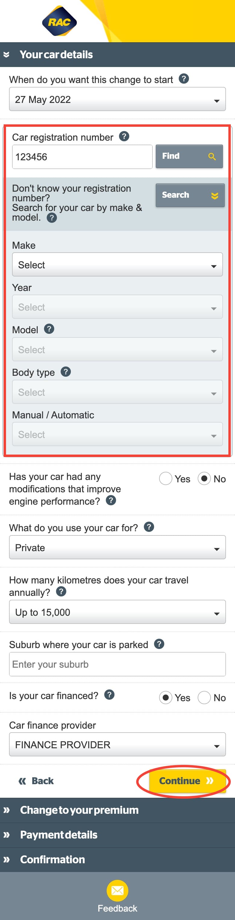 Updating your new car details on Mobile